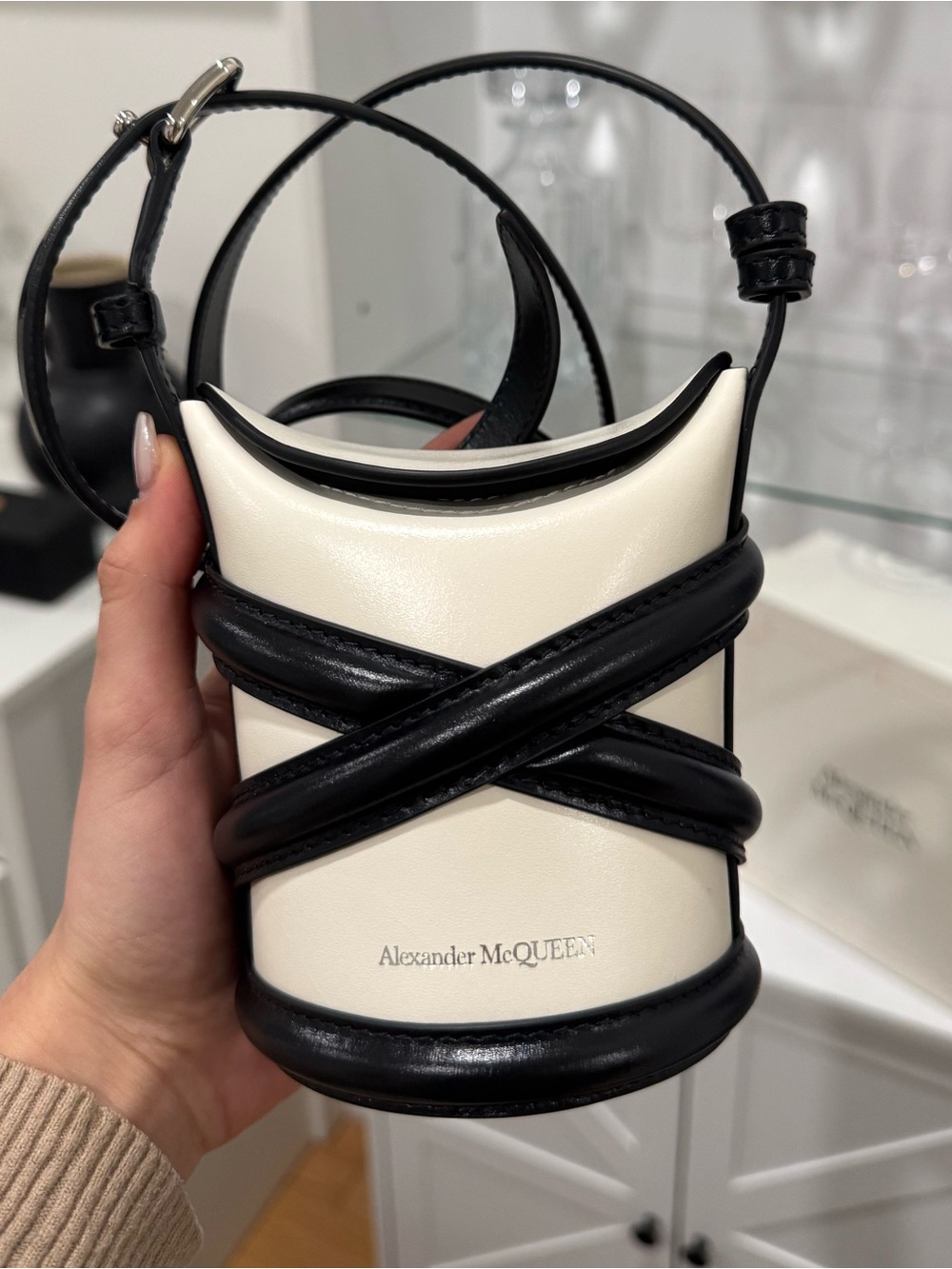 New Alexander McQueen Ivory and Black Leather Mini Crossbody Bucket Bag